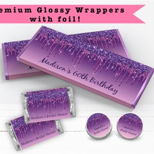 Ombre Purple Dripping Glitter Metallic Sparkle Luxury Any Age or Occasion - PRINTED CANDY BAR Wrappers Chocolate Kiss Stickers -