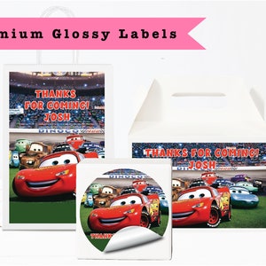 Cars Lightning McQueen - PRINTED GLOSSY LABELS - For Party Favor Bags, Gable Boxes, Gift Bags, Round Square Stickers