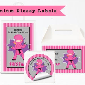 Little Ninja Warrior Karate Girl - PRINTED GLOSSY LABELS - For Party Favor Bags, Gable Boxes, Gift Bags, Round Square Stickers