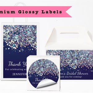 Elegant Navy Blue White Silver Holographic Sparkly Glitter  - PRINTED GLOSSY LABELS For Party Favor Gift Bag Gable Box Round Square Sticker