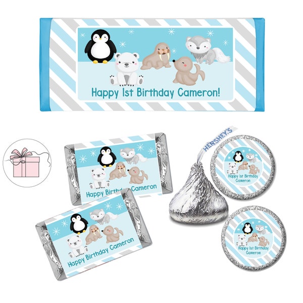 Arctic Winter Animals Two Cool  Cool One Penguin Polar Bear Fox  - PRINTED Candy Bar Wrappers Chocolate Labels Kiss Stickers