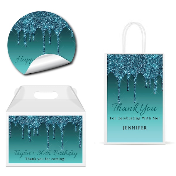 Turquoise Teal Blue Dripping Glitters Metallic Sparkle Luxury - PRINTED GLOSSY LABELS For Party Favor Gift Bag Gable BoxRound Square Sticker