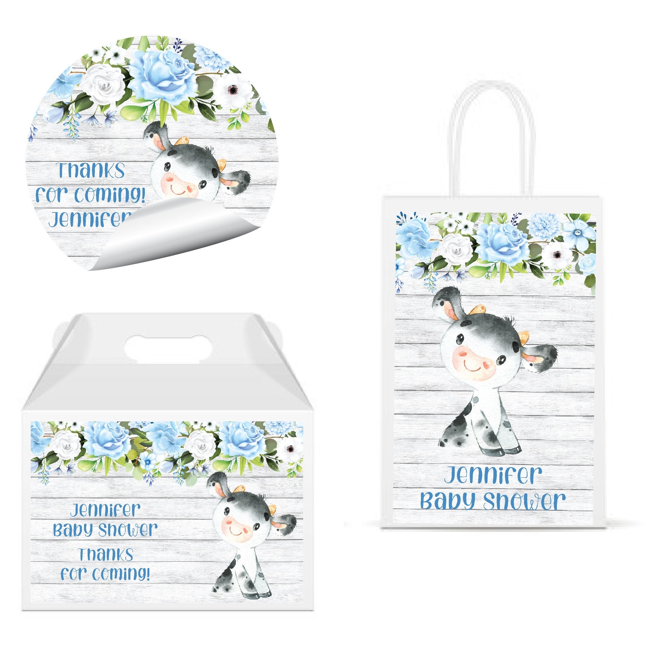 Little Cow Baby Boy Blue Floral Flowers PRINTED GLOSSY LABELS For Party Favor Bags Gable Boxes Gift Bags Round Square