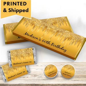 Gold Dripping Glitter Metallic Sparkle Luxury Any Age or Occasion - PRINTED CANDY WRAPPERS Chocolate Kiss Stickers - DR08