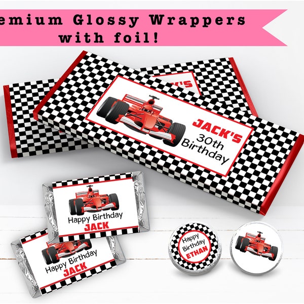 Red Race Car Checkered  Flag Two Fast Racing - PRINTED CANDY WRAPPERS Chocolate Kiss Stickers -