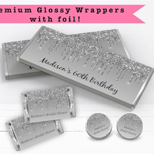Glamorous Trendy Slate Gray Silver Dripping  Glitter Drips Sparkle - PRINTED Candy Bar Wrappers Chocolate Labels Kiss Stickers