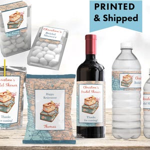 New Adventure Awaits Travel Around The World Let the adventure begin Map Chip bag Water Bottle Juice Pouch Tic Tac Wine Champagne Label
