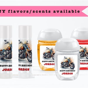 May include: Set of five clear plastic bottles with labels featuring a watercolor illustration of a motorcycle and the text "Happy Birthday Jordan". The bottles are filled with different colored liquids.
