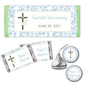 Cross & Dove Blue Damask Baptism First Communion - PRINTED CANDY BAR Wrappers Chocolate Kiss Stickers -