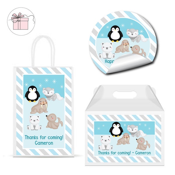 Arctic Winter Animals Two Cool  Cool One Penguin Polar Bear Fox -  PRINTED GLOSSY LABELS - For Party Favor Gift Bag Box