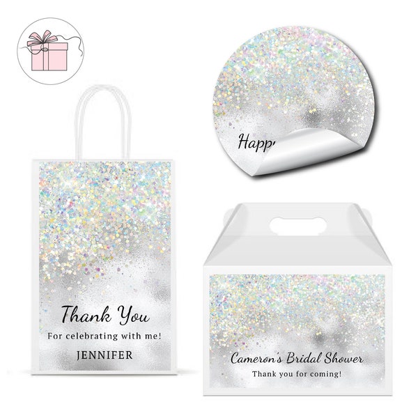 Elegant Silver White Holographic Sparkly Metallic Glitter Luxury PRINTED GLOSSY LABELS Party Favor Gift Bag Gable Box Round Square Sticker