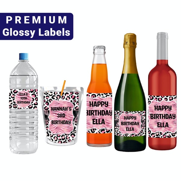 Cheetah Leopard Zebra Animal Print Metallic Foil Glitter Look Pink Black - Water Bottle Juice Pouch Wine Beer Champage Liquor Lable Sticker