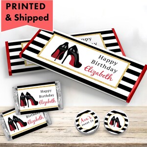High Heels Stepping Into 30 40 50 Elegant Gold Glitter Black White  Woman Shoes Pumps CANDY BAR Wrappers Chocolate Favors Kiss Sticker