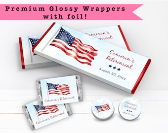 Patriotic USA American Flag 4th Of July Military Soldier Watercolor PRINTED CANDY Bar Wrappers Chocolate Bar Kiss Stickers Labels