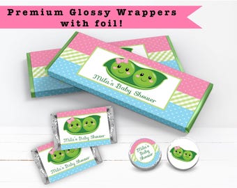Peas in a Pod Twins Boy And Girl Cute - PRINTED CANDY BAR Wrappers Labels Chocolate Kiss Stickers -