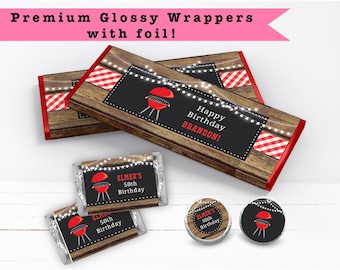 Summer Party Backyard Barbecue BBQ Family Reunion Picnic Rustic   - PRINTED Candy Bar Wrappers Chocolate Labels Kiss Stickers