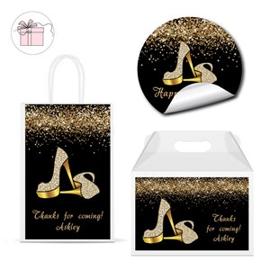 Black Gold Diamond Glitter Shoes Womans High Heels     -  PRINTED GLOSSY LABELS - For Party Favor Gift Bag Box