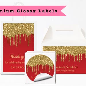 Stylish Chic Gold Dripping Glitters Red Sweet 16 Quinceañera Wedding PRINTED GLOSSY LABELS For Party Favor Gift Bags Box Round Stickers