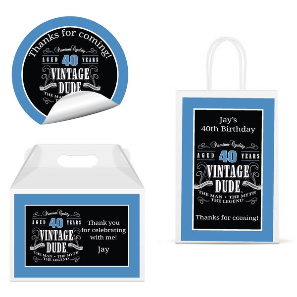 Vintage Dude The Man Myth Legend Men's 40th or Any Age - PRINTED GLOSSY LABELS - For Party Favor Gift Bag, Gable Box Round Square Stickers -