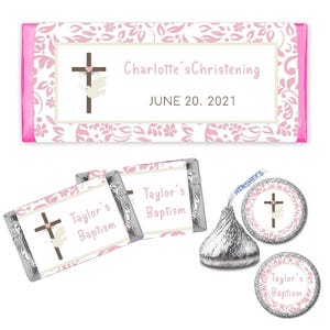 Cross & Dove Pink Damask Baptism First Communion - PRINTED CANDY BAR Wrappers Chocolate Kiss Stickers -