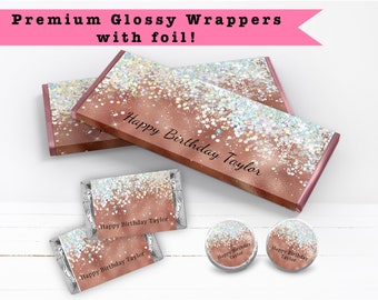 Elegant Rose Gold Holographic Sparkly Metallic Glitter   - PRINTED CANDY WRAPPERS Chocolate Kiss Stickers -