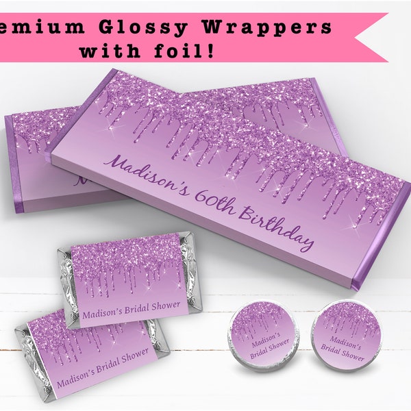 Light Purple Lavender Violet Dripping Glitter Drips Luxury  Sparkle Stylish Modern PRINTED Candy Bar Wrappers Chocolate Labels Kiss Stickers