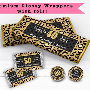 Modern Cheetah Leopard Animal Print Black Gold Glam Glitter • Any Age - PRINTED CANDY BAR Wrapper Chocolate Kiss Stickers -