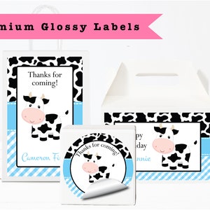 Little Cow Baby Boy Blue Gigham Picnic Pattern Cow Print- PRINTED GLOSSY LABELS - For Party Favor Gift Bag Gable Box Round Square Stickers