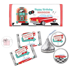 1950's Diner Retro Sock Hop Jukebox 50's Fifties   - PRINTED Candy Bar Wrappers Chocolate Labels Kiss Stickers