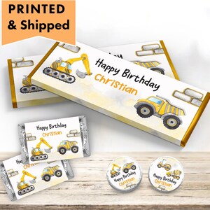 Construction Birthday Dump Truck Party Digger Yellow Black Boy Any Age - PRINTED CANDY BAR Wrappers Chocolate Bar Kiss Stickers Labels CO08