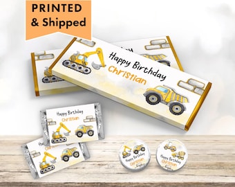 Construction Birthday Dump Truck Party Digger Yellow Black Boy Any Age - PRINTED CANDY BAR Wrappers Chocolate Bar Kiss Stickers Labels CO08