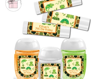 May include: Set of three green, orange, and clear hand sanitizers with labels featuring a jungle theme. The labels have a green, brown, and orange camouflage pattern with images of a chameleon, a frog, and a turtle. The labels also include the text "Ethan's 7th Birthday".