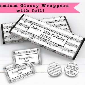 Music Notes Elegant Black White Musical Retirement Birthday Wedding  Recital  PRINTED CANDY BAR Wrappers Chocolate Bar Kiss Stickers Labels