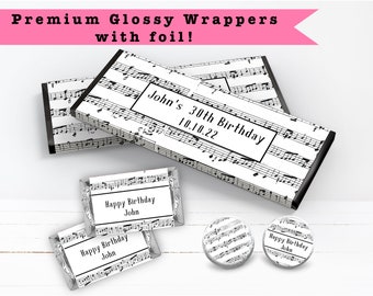 Music Notes Elegant Black White Musical Retirement Birthday Wedding  Recital  PRINTED CANDY BAR Wrappers Chocolate Bar Kiss Stickers Labels