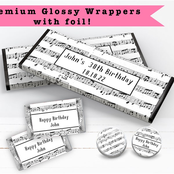 Music Notes Elegant Black White Musical Retirement Birthday Wedding  Recital  PRINTED CANDY BAR Wrappers Chocolate Bar Kiss Stickers Labels