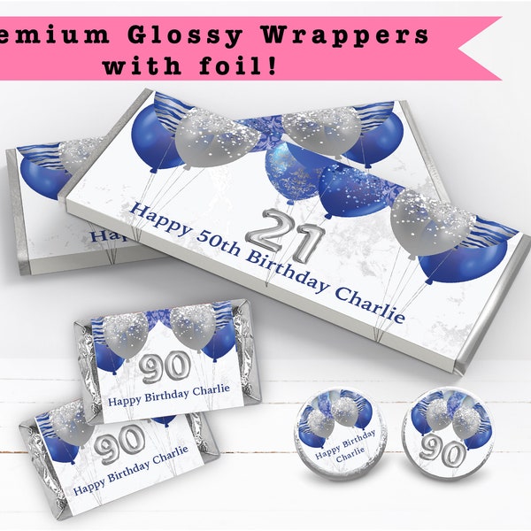 Royal Blue Silver Balloon Glitter Modern Elegant Glam Confetti Marble PRINTED CANDY BAR Wrappers Chocolate Bar Kiss Stickers Labels