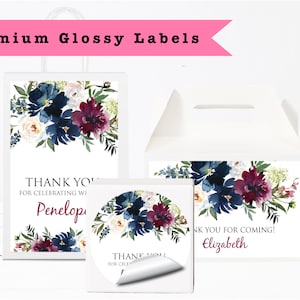 Burgundy Blush Navy Blue Floral Botanical Flowers Watercolor | PRINTED GLOSSY LABELS - Party Favor Gift Bag Gable Box Round Square Stickers