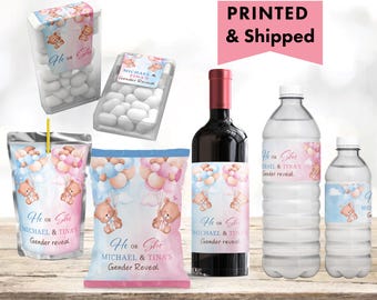 Teddy Bear Balloon Gender Reveal Baby Shower We Can Bearly Wait Watercolor  Chip bag Water Bottle, Juice Pouch or Tic Tac Labels Wine GE04