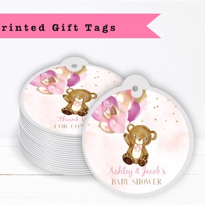 Beary Cute Blush Pink Gold Balloon Teddy Bear We Can Bearly Wait Watercolor - PRINTED GIFT TAGS - Thank You Card For Party Favor Bag Box