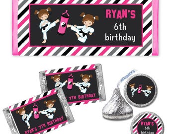Karate Kids Girls Judo Birthday Chalkboard Pink Gray  - PRINTED CANDY BAR Wrappers Chocolate Kiss Stickers -