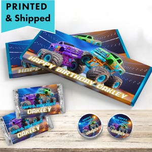 Monster Truck Birthday Off-road Racing Stadium Super Big Truck fight  Hershey chocolate bar wrappers, mini candy labels kiss stickers MO09
