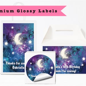 Galaxy Sweet Sixteen Starry Night Navy Blue Purple Outer Space Slumber PRINTED GLOSSY LABELS For Party Favor Gift Bags Box Round Stickers