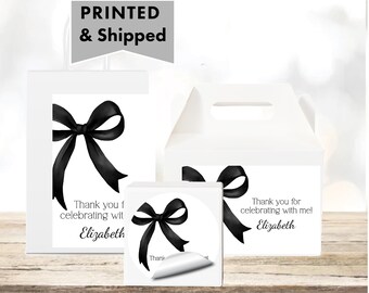 Black Bow Elegant Black Ribbon Coquette Black & White Party Watercolor Glossy Labels For Party Favor Bags, Gable Boxes,  Round Stickers BL03