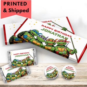 Ninja Turtles Birthday Fun Ninjas Turtle Karate Pizza Party  Hershey chocolate bar wrappers, mini candy labels kiss stickers