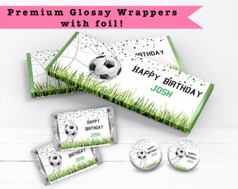 Soccer Birthday Party Soccer Fans Unisex Boys Girls Ball In Net Field PRINTED CANDY BAR Wrappers Chocolate Bar Kiss Stickers Labels