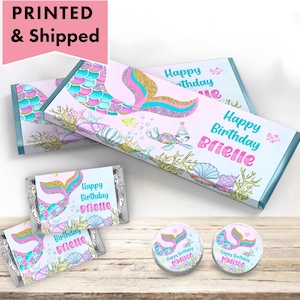 Mermaid Birthday Under the Sea Party Gold Glitter Turtle Pastel  Hershey chocolate bar wrappers, mini candy labels, and kiss stickers ME02