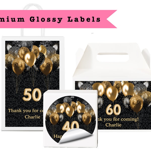 Black Gold Glitter Luxury Metallic Balloon Any Age Occasion PRINTED GLOSSY LABELS Party Favor Gift Bags, Gable Boxes, Round Square Stickers
