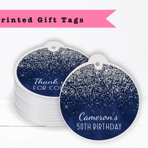 Navy Blue Silver Glitter Luxury Sparkle Any Age Occasion - PRINTED GIFT TAGS - Thank You Card For Party Favor Bags or Gable Boxes