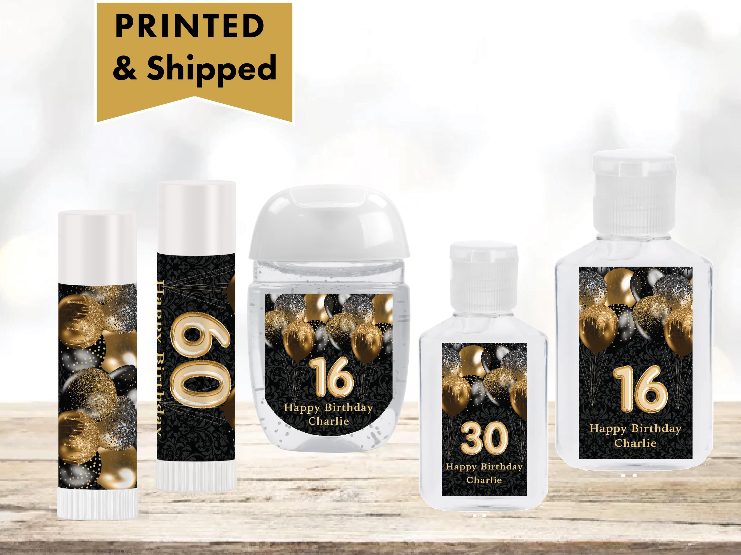 Black Gold Glitter Balloons Luxury Metallic Foil Look Elegant Damask PRINTED GLOSSY LABELS - For Lip Balm Tubes or Sanitizer Bottles BA16