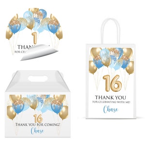 Glam Glitter Balloons Luxury Sparkly Blue & Gold  • Any Age • PRINTED GLOSSY LABELS For Party Favor Gift Bag Gable Box Round Square Stickers